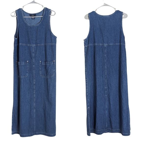 Vintage '90s Denim Cottagecore Prairie Maxi Dress Pockets Medium Petite - Picture 1 of 8